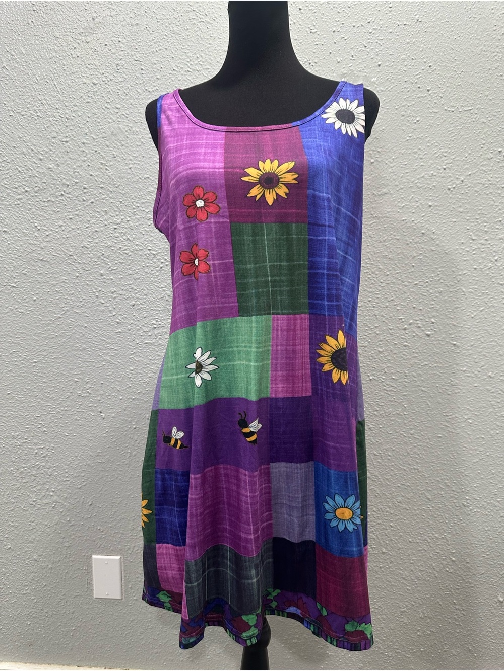 Patchwork Sunflower Bee Boho Hippie Tank Dress Stretch 0XL Fits like Large